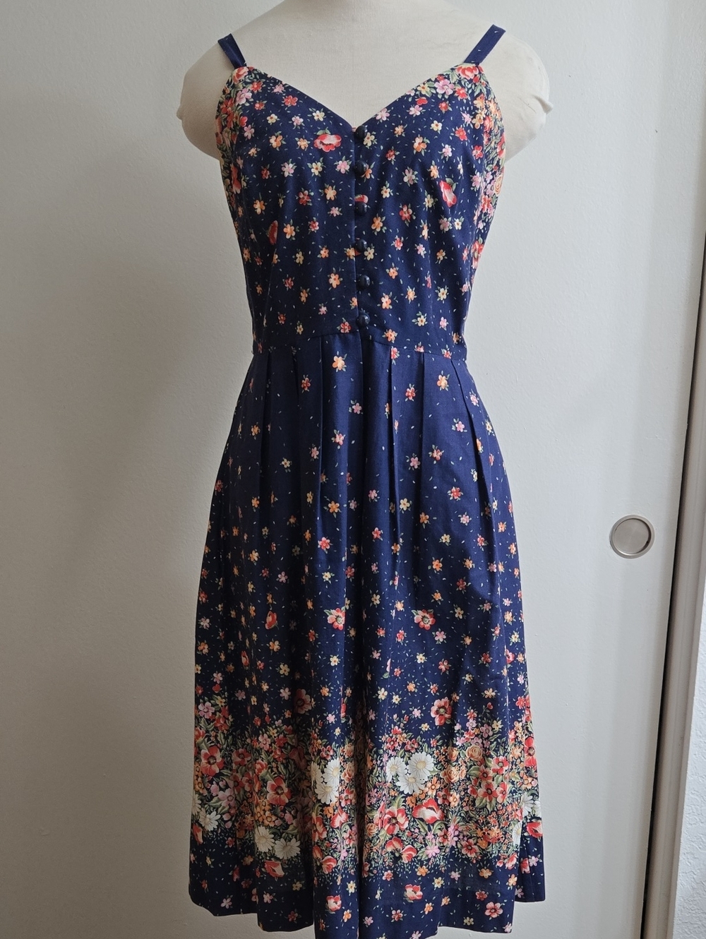 Lanz Navy Floral Midi Sundress with Adjustable Straps/Size XS/ 100% Cotton